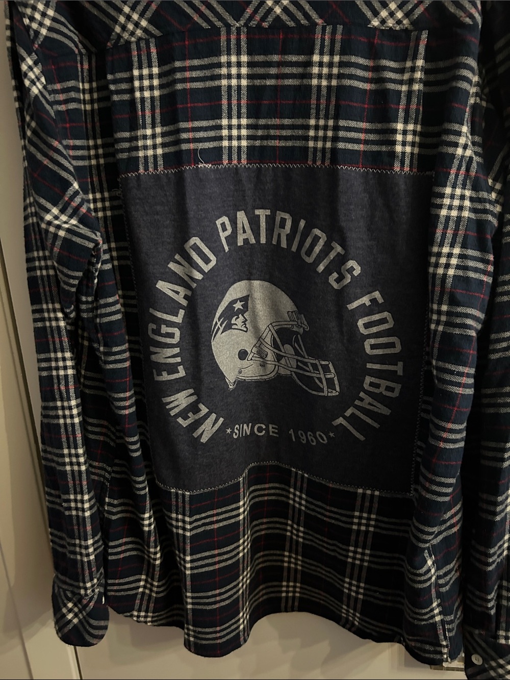 New England Patriots Plaid Flannel Shirt - Navy, Cream, Red upcycled